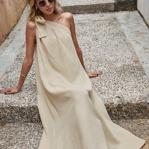 . Dresses & Skirts - Apricot Preppy Womens One Shoulder Knot Side Dress